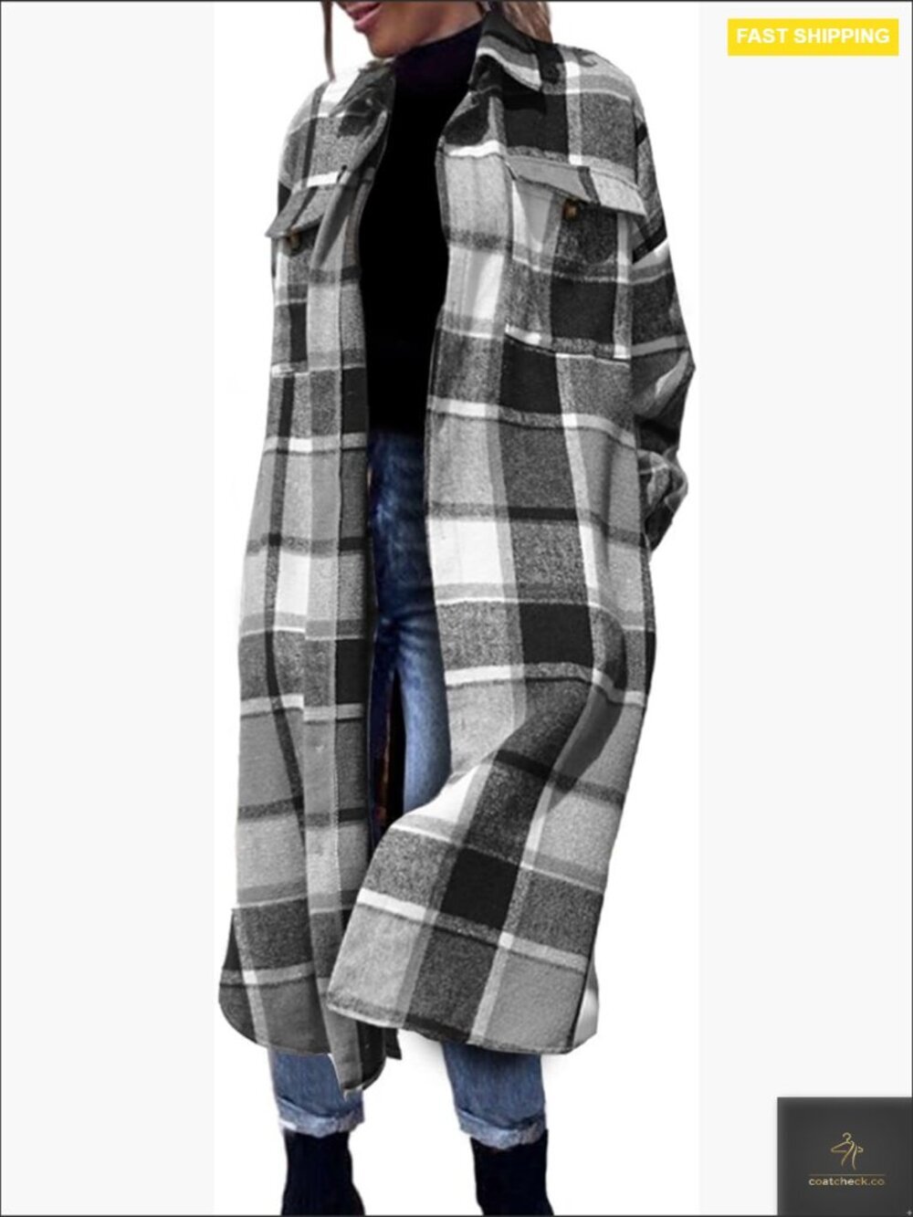 Long Plaid Shacket Wool Blend Button Down Shirt Jacket Coat with Pockets